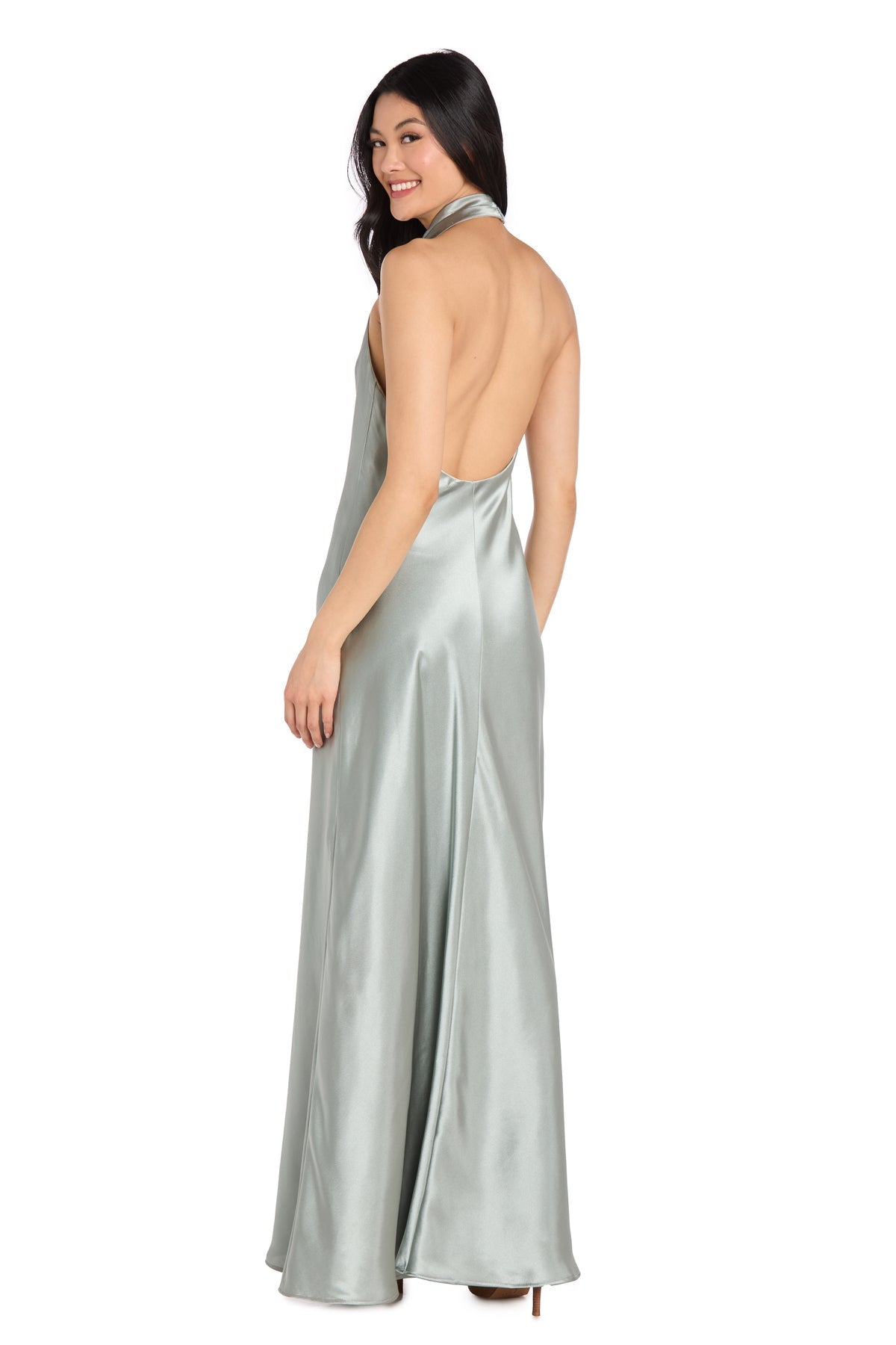 Cowl Neck Maxi Satin Formal Dress by Morgan & Co. 19133 in Celadon