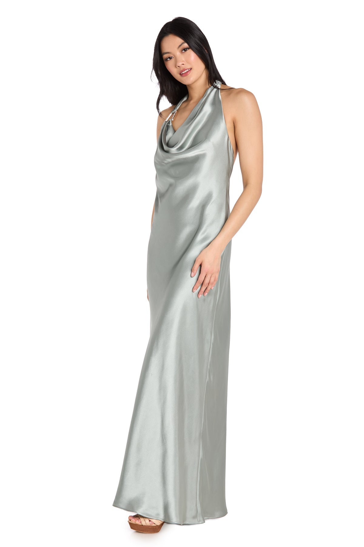 Cowl Neck Maxi Satin Formal Dress by Morgan & Co. 19133 in Celadon