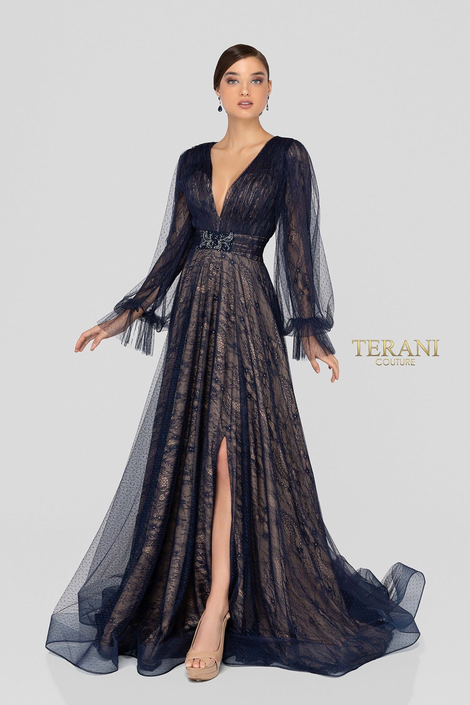 Terani Couture Long V-Neck Formal Dress 1913M9414 - The Dress Outlet