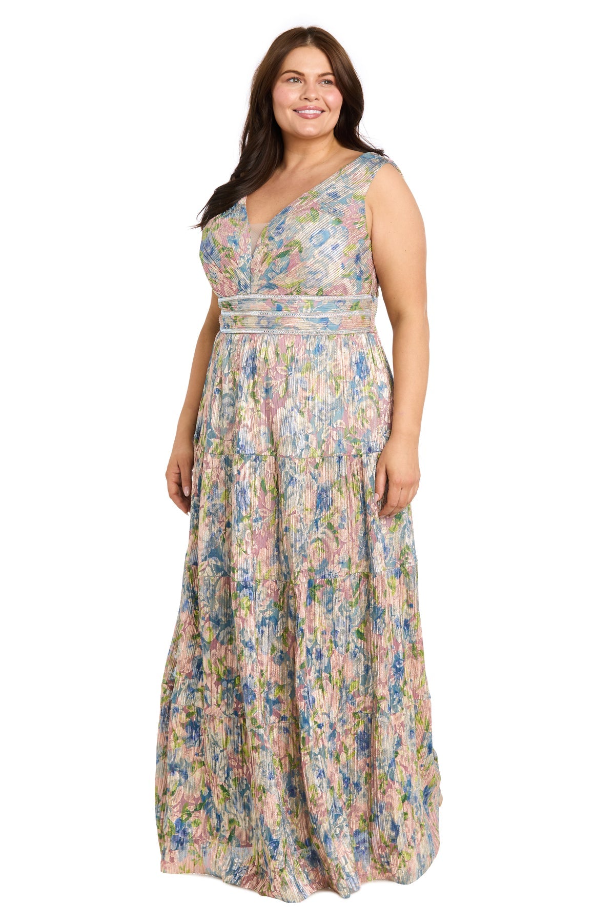 V-Neck Floor-Length Floral Chiffon Formal A-Line Plus Size Gown R&M Richards 1914W