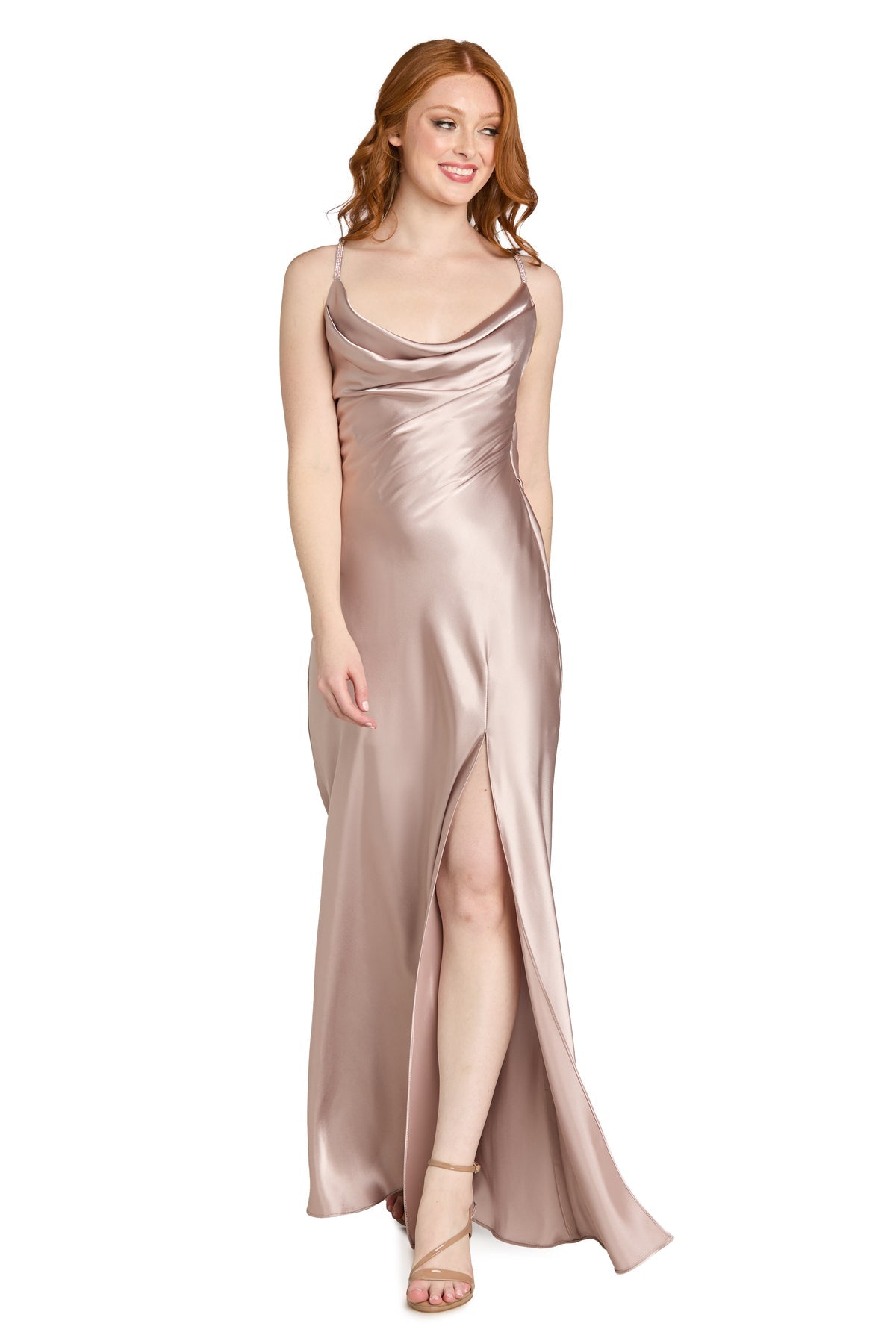 Cowl Neck Long Satin Prom Dress by Morgan & Co 19189 in Latte