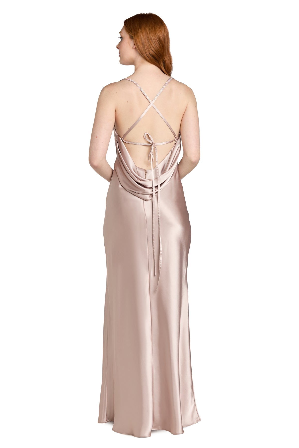 Cowl Neck Long Satin Prom Dress by Morgan & Co 19189 in Latte