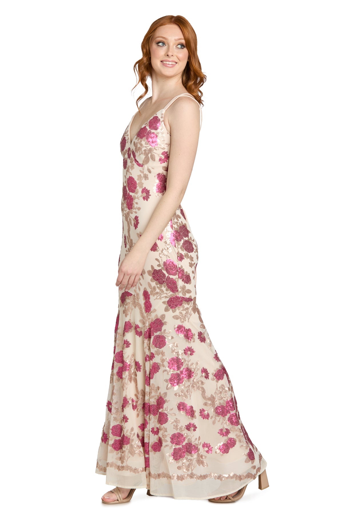 V-Neck Long Floral Embroidered Prom Dress by Morgan & Co 19199 in Nude/Fuchsia