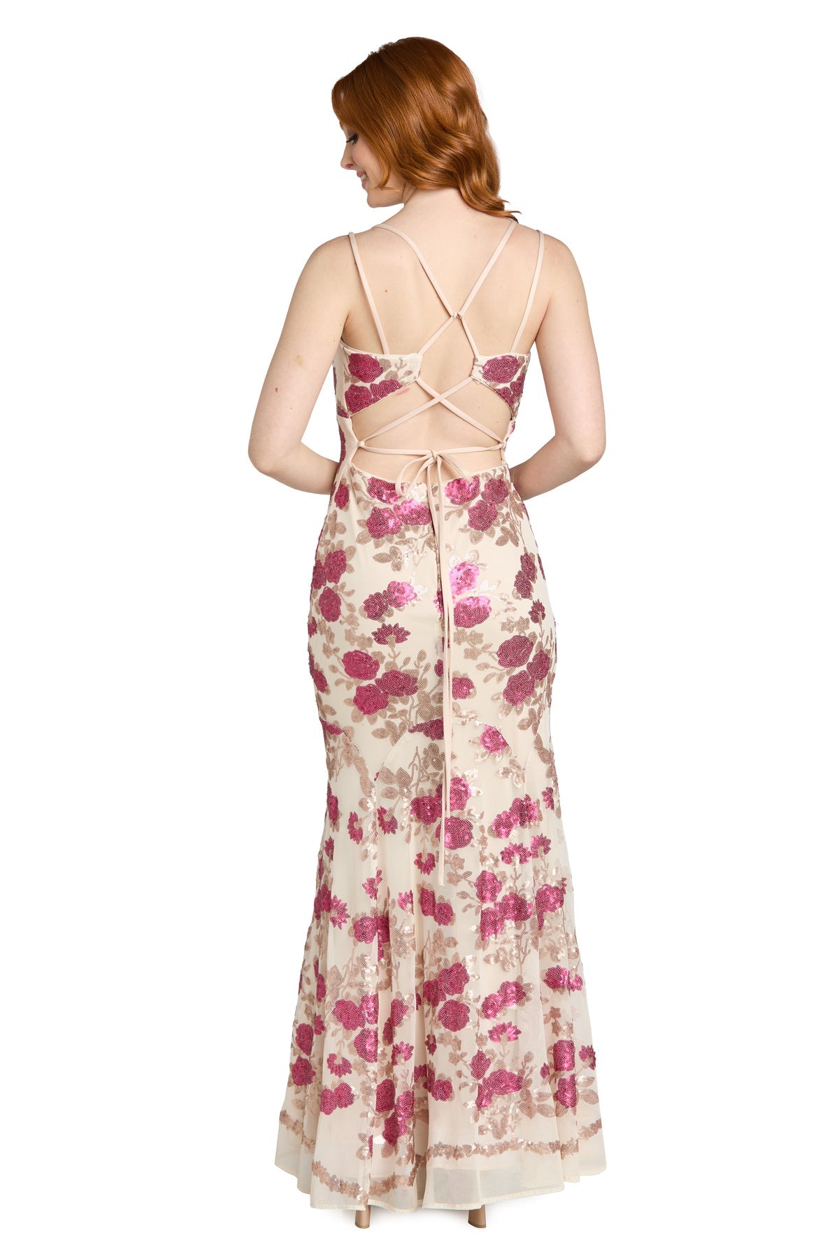 V-Neck Long Floral Embroidered Prom Dress by Morgan & Co 19199 in Nude/Fuchsia