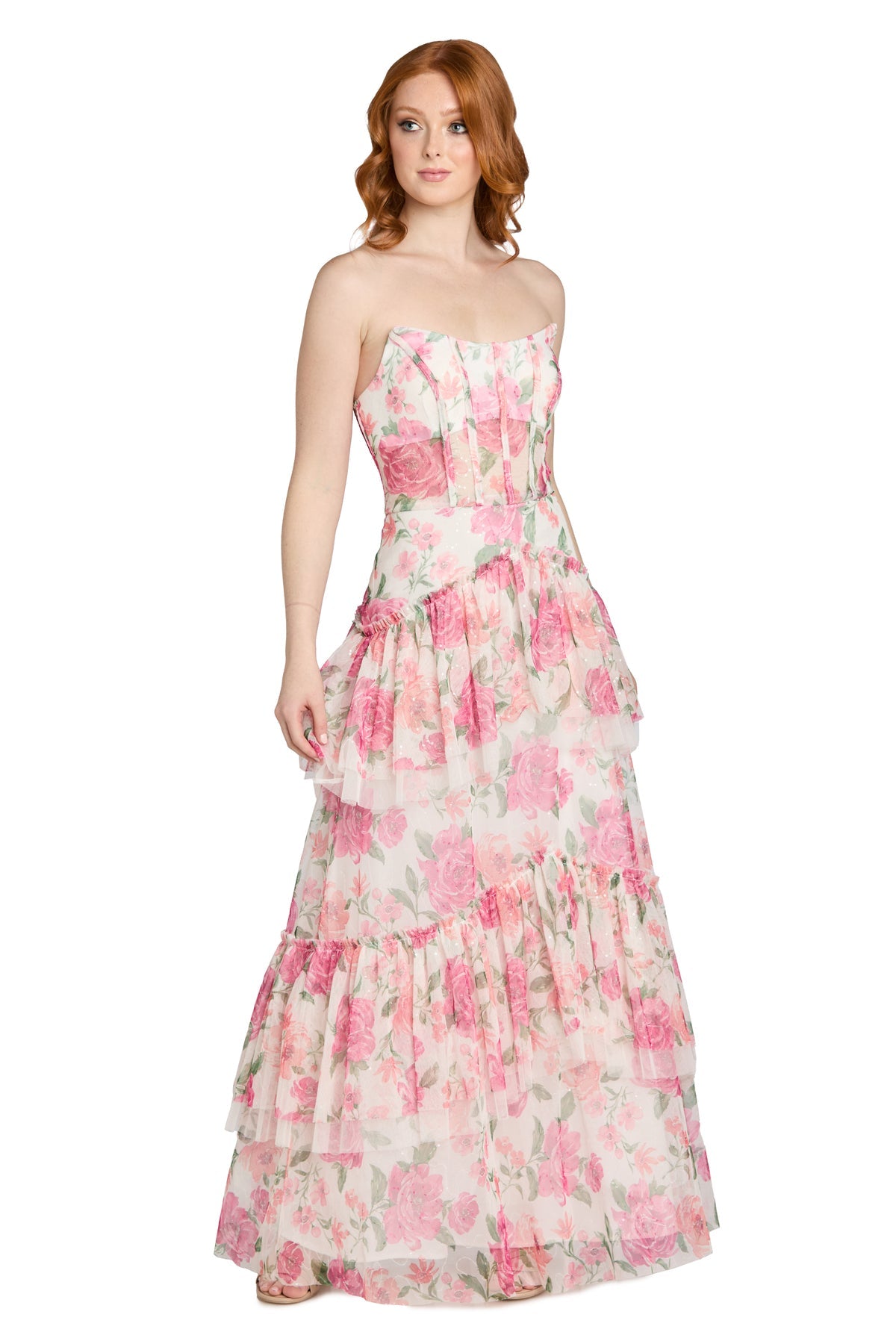 Strapless Tiered Floral Tulle Gown by Morgan & Co 19228 in Ivory/Pink/Coral