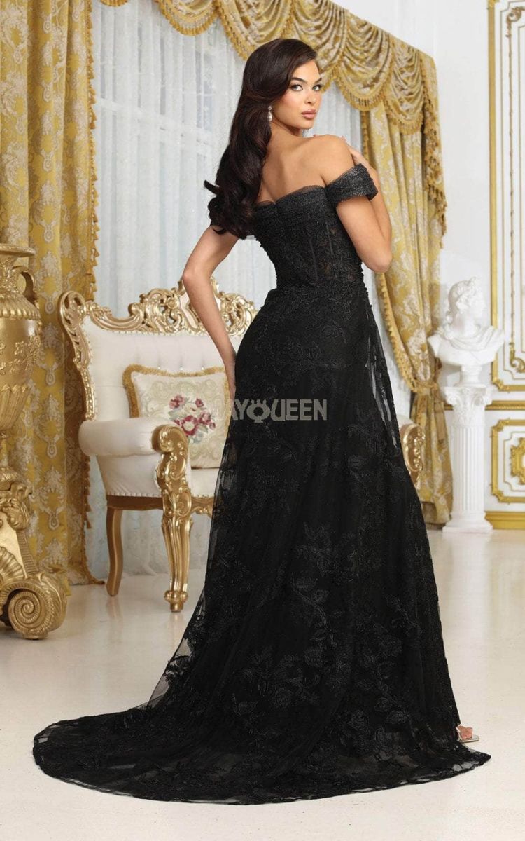 Black Off-the-Shoulder Floor-Length Lace Prom Dress High Slit May Queen RQ8053