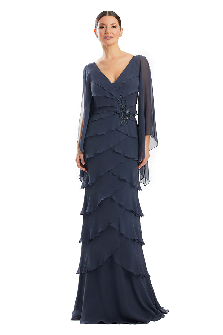 Mother of the Bride Dresses Beaded Long Sleeve Formal Tiered Evening Dress Graphite