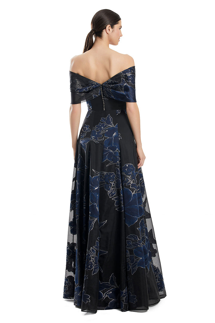 Prom Dresses Long Formal Floral Print Ball Gown Prom Dress Navy