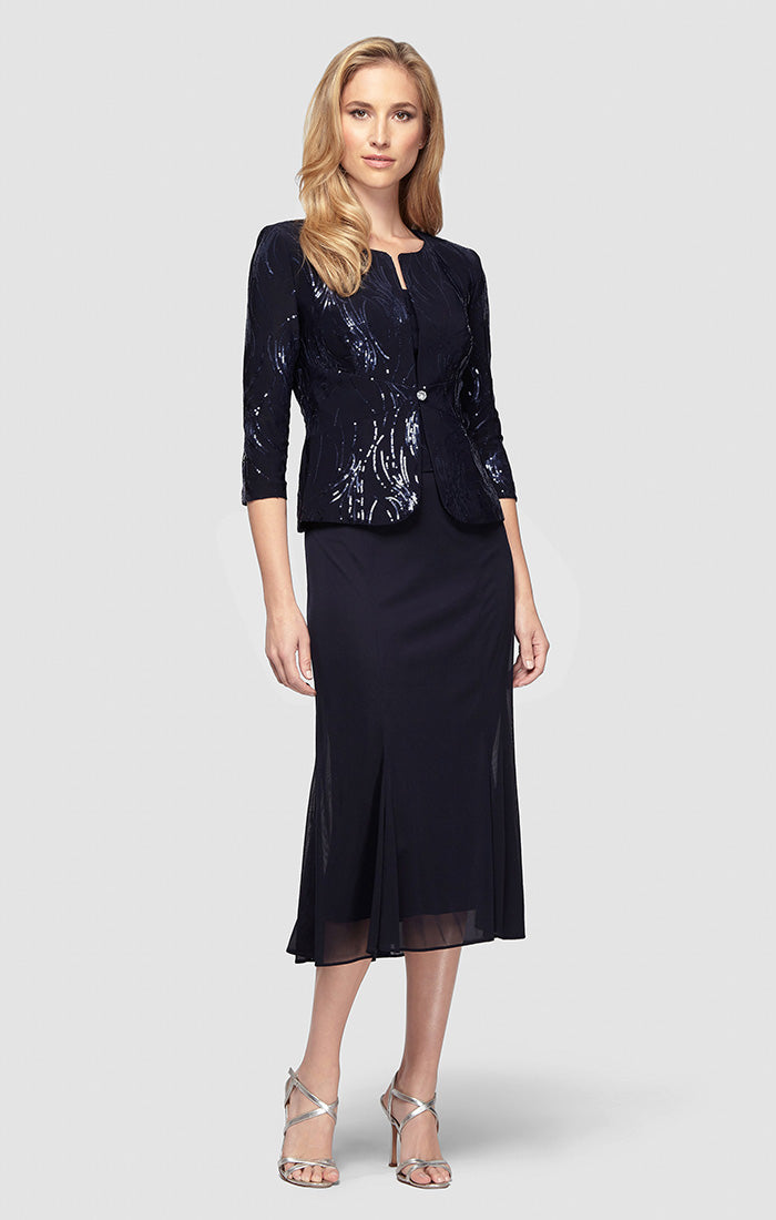 Mother of the Bride Dresses Petite Short Cocktail Sequin Jacket Mother of the Bride Tea Length Dress Navy