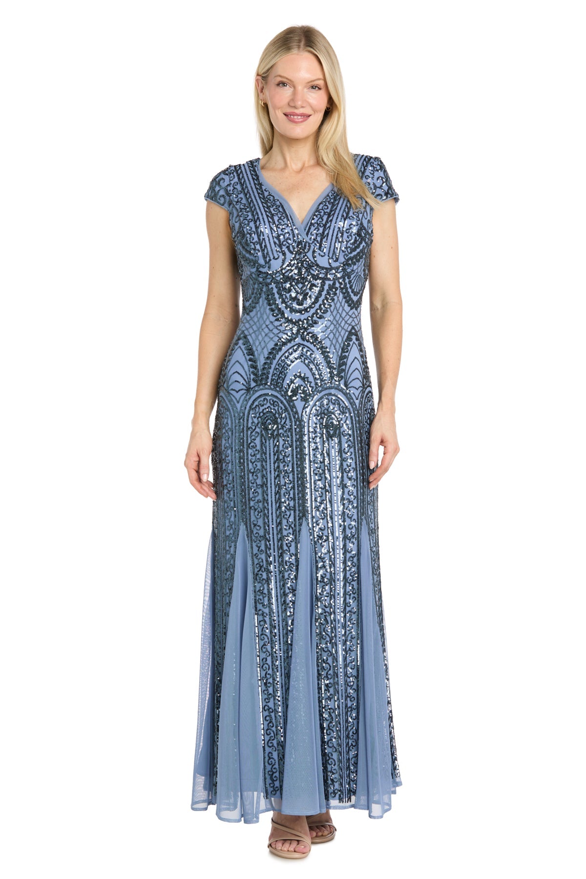 Wedgewood R&M Richards 1975 V-Neck Floor-Length Sequin Formal Dress Cap