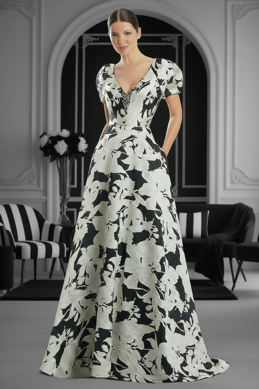 Formal Dresses Beaded A Line Long Floral Evening Formal Dress Black/Cream