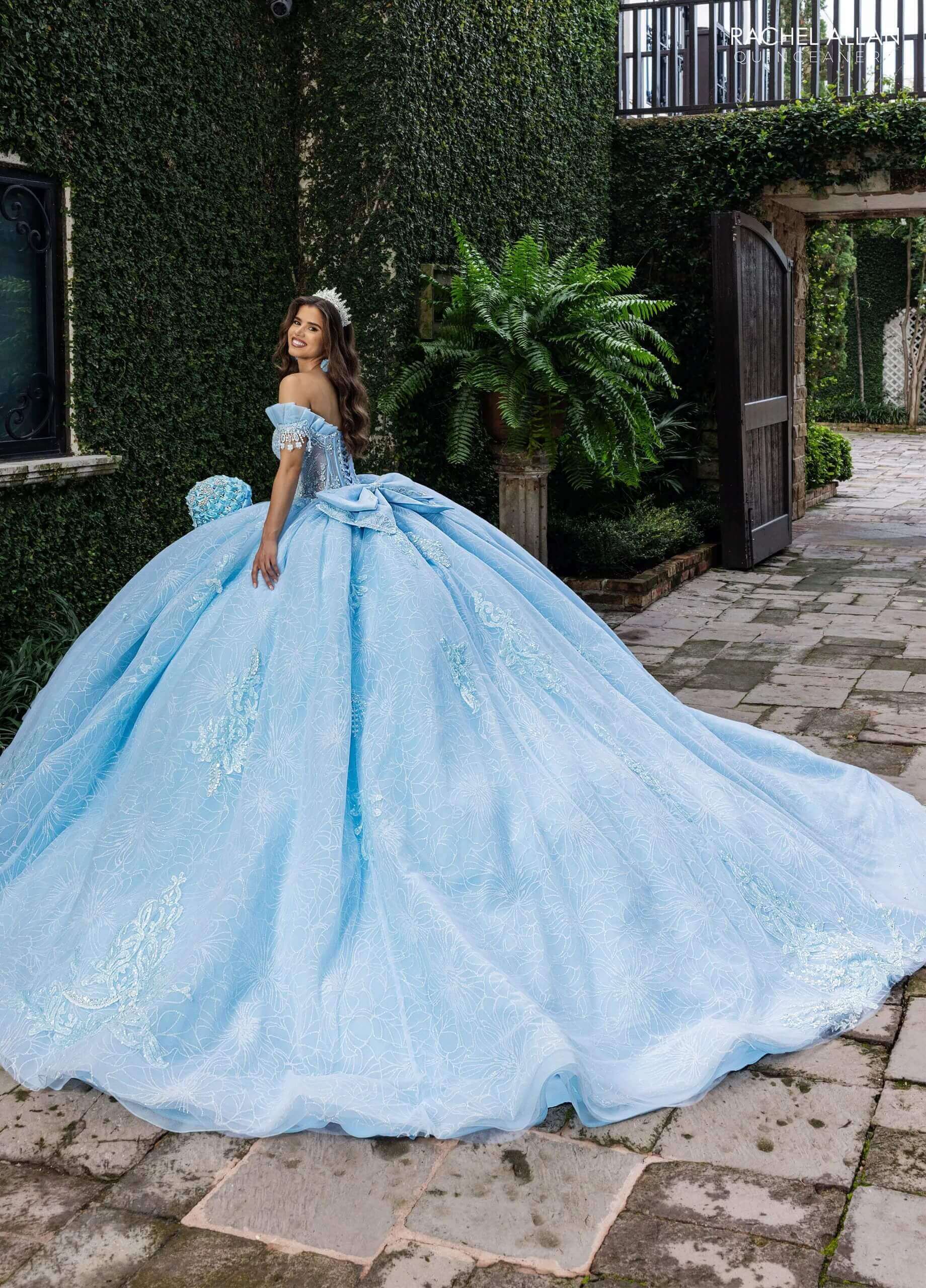 Powder Blue Off the Shoulder Floor-Length Glitter Tulle Quinceanera Ball Gown with Detachable Bow Rachel Allan RQ2246