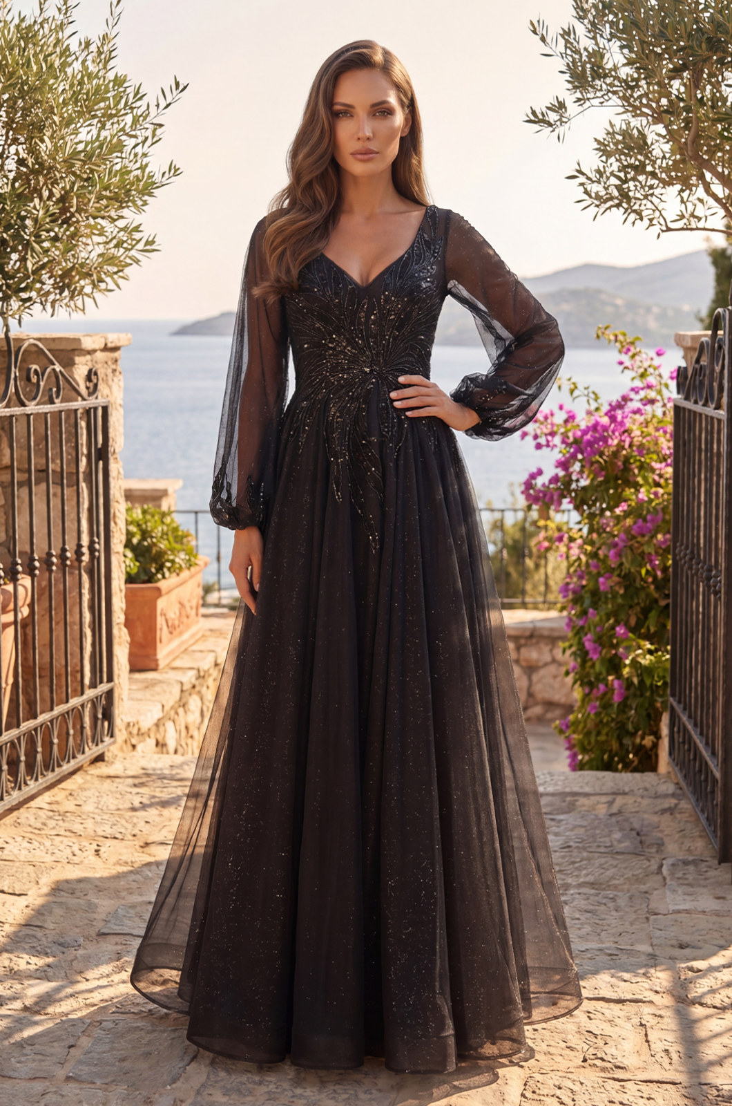 Navy Beaded V-Neck Long Sleeve Formal Evening Gown