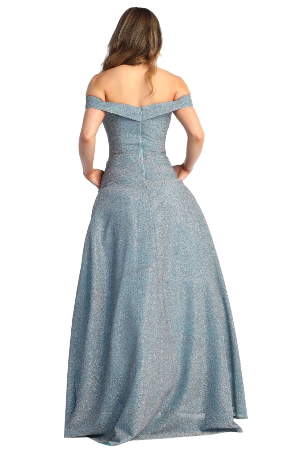 Dusty Blue Off-the-Shoulder Floor-Length Glitter Prom Dress A-Line May Queen MQ1915