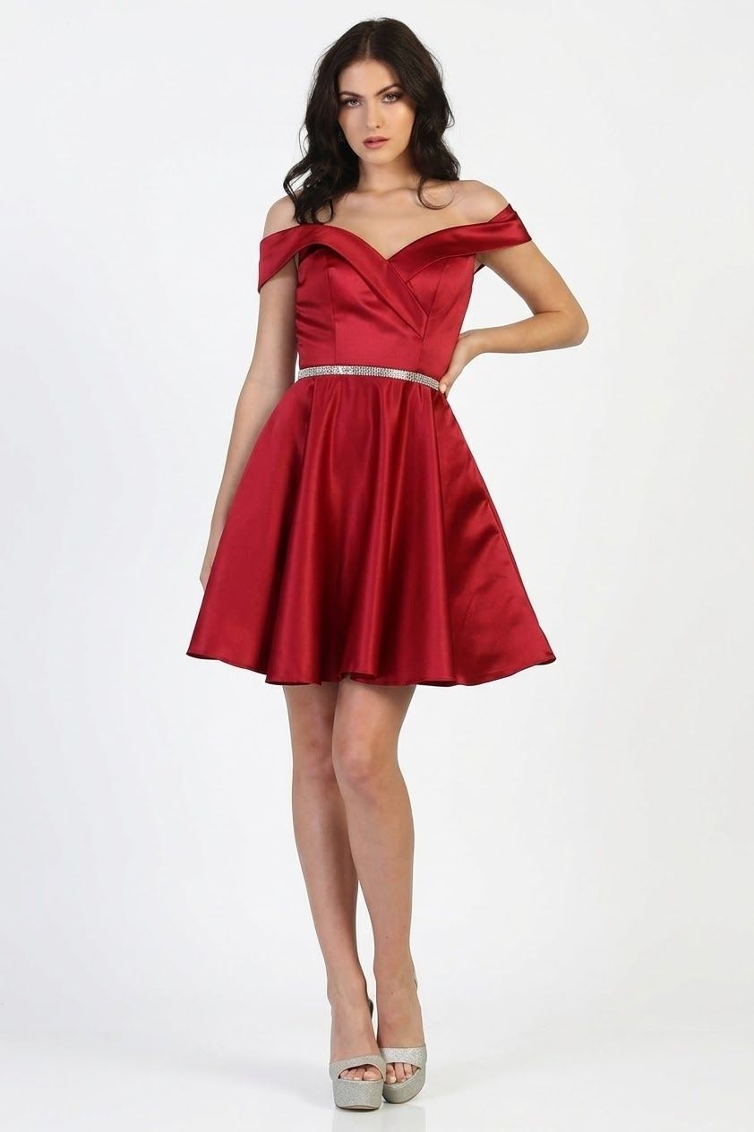 Red Off-Shoulder Short Satin Cocktail Dress Rhinestone May Queen MQ1815