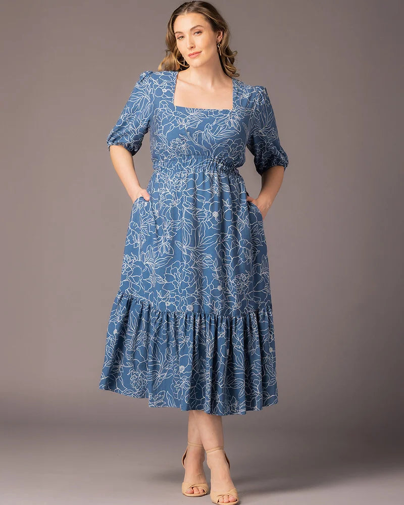 Square Neck Midi Crepe Wedding Guest A-Line Dress Kiyonna KY11262902