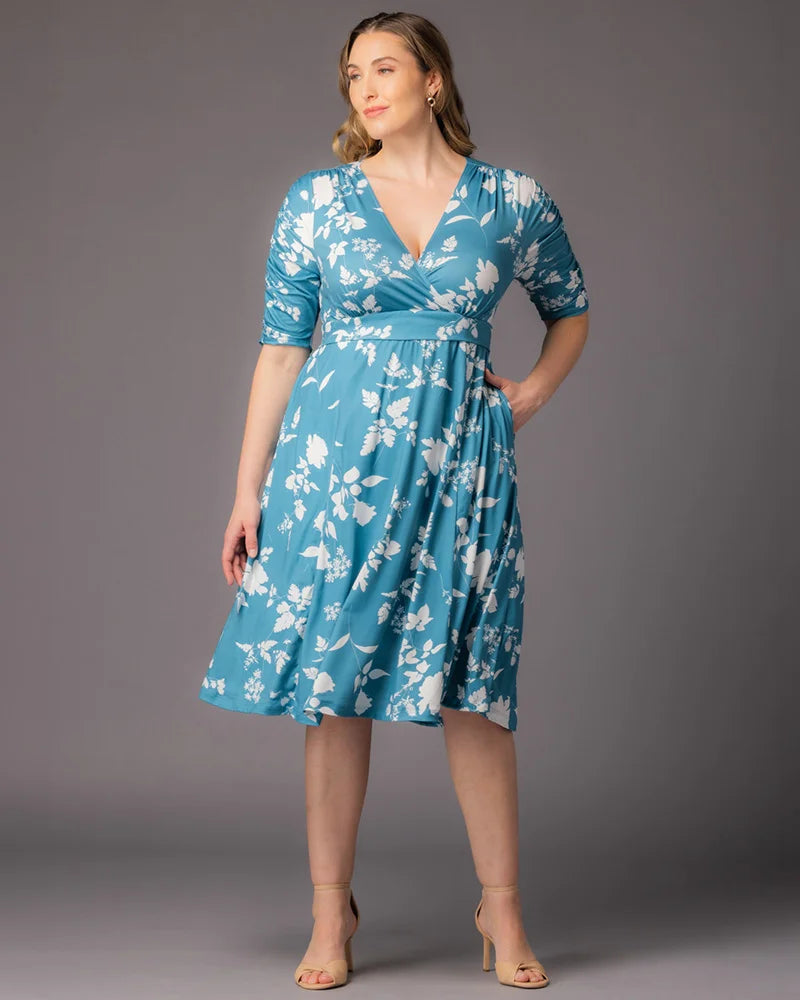 Aqua Blooms V-Neck Knee-Length Floral Casual Dress Plus Size A-Line Dress with Pockets Kiyonna 12183501