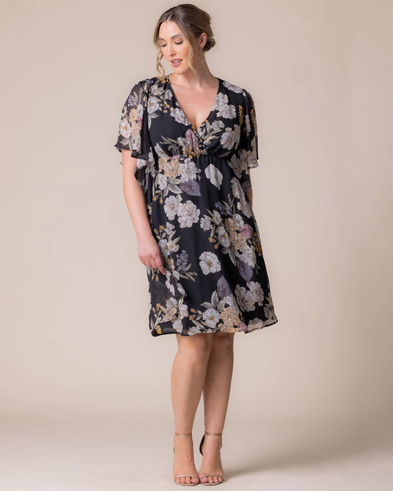 Midnight Peony Print V-Neck Knee-Length Chiffon Casual Floral Wrap Plus Size Dress Kiyonna 12191302