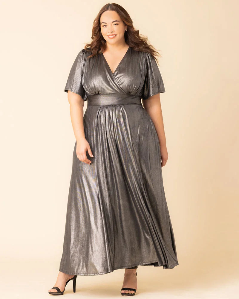 Plus Size Dresses Metallic Long Formal Mother of the Bride Evening Plus Size Dress Kiyonna 12252507 Pewter