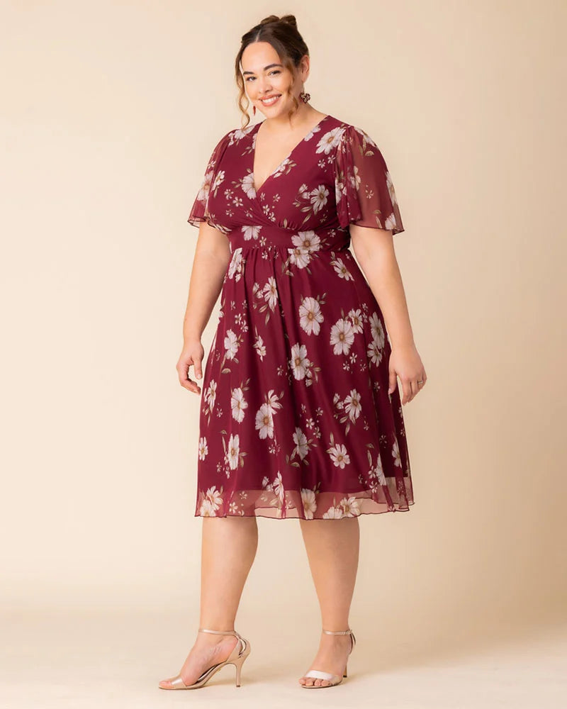 Plus Size Dresses Midi Short A Line Plus Size Dress Raspberry Floral Print