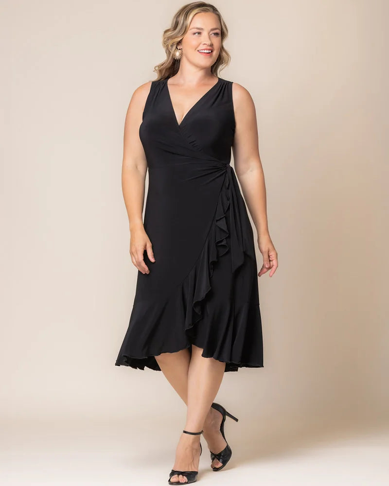 Black Noir V-Neck Midi Jersey Cocktail Dress Ruffle Wrap Plus Size Dress Kiyonna 12262204