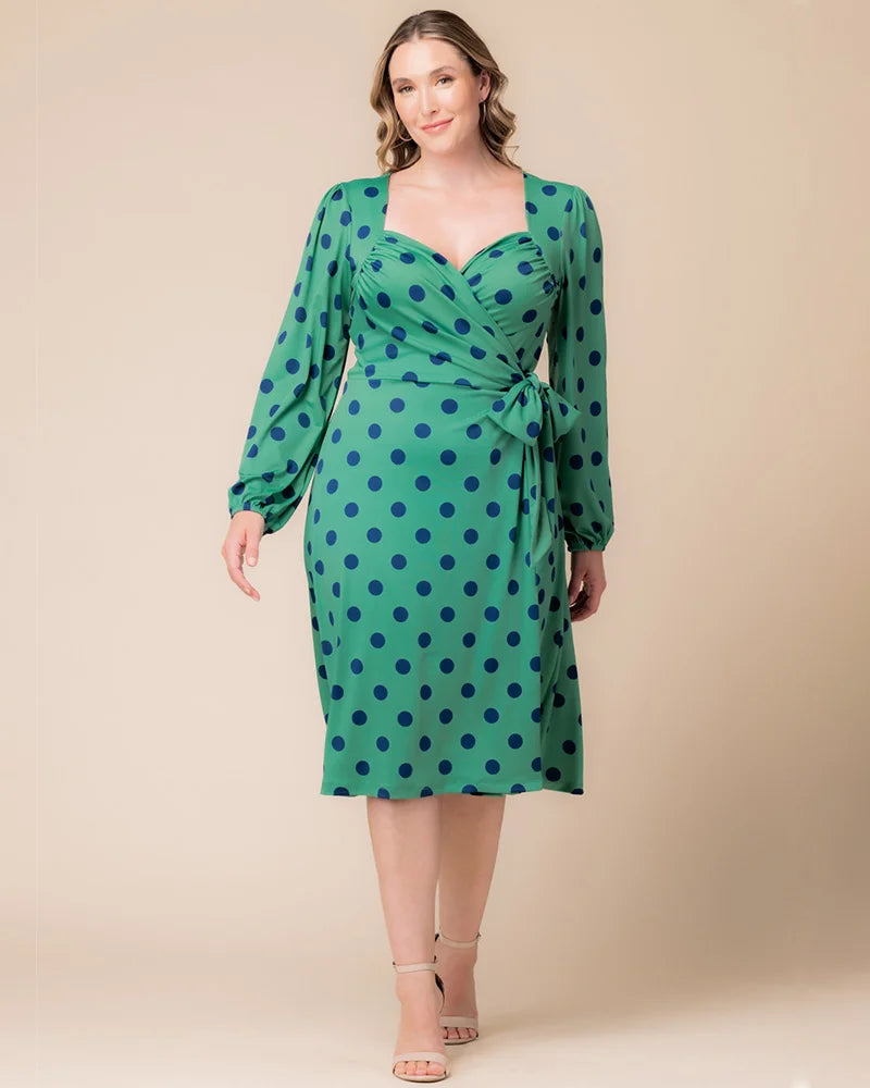 Plus Size Dresses Long Sleeve Short Midi Cocktail Plus Size Dress Kiyona 17212501 Green Polka Dot