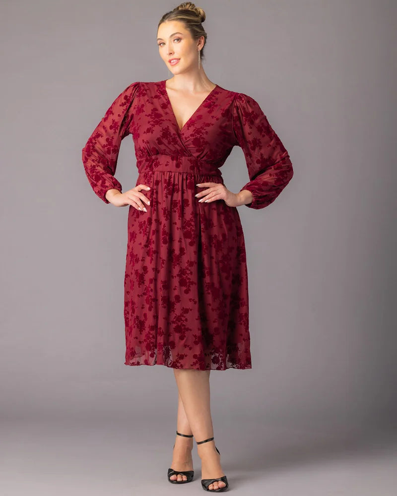 Plus Size Dresses Short Floral Midi Cocktail Plus Size Dress Kiyonna 17253601 Bordeaux Flocked Florals
