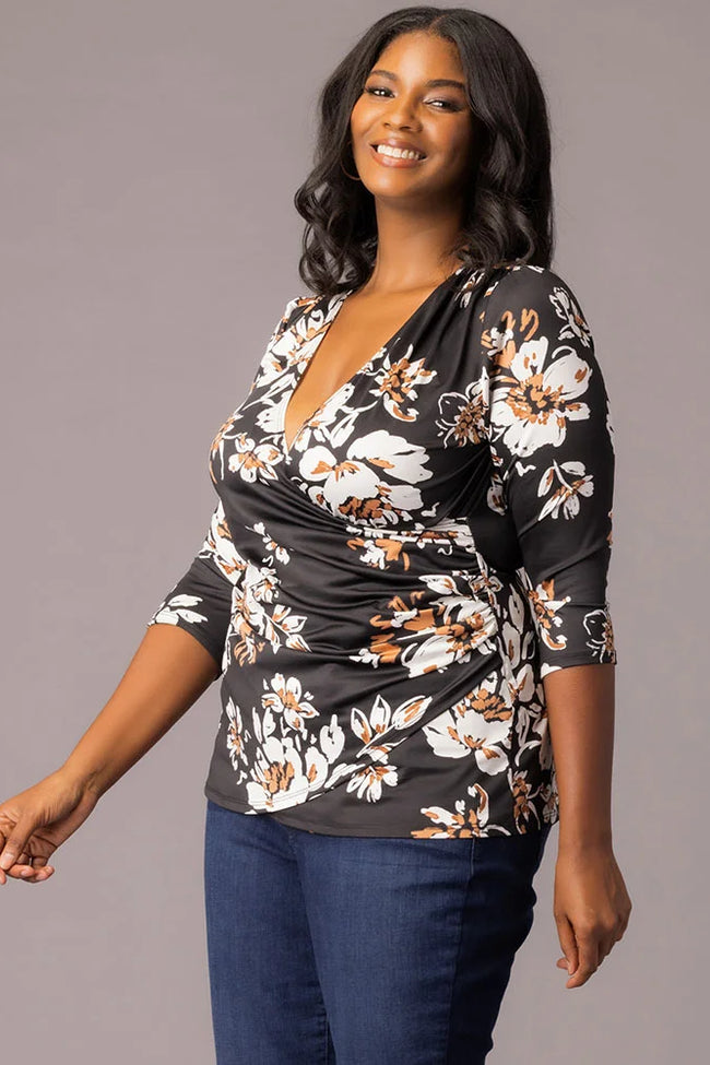 Top Fitted Formal Top Black Scattered Blooms