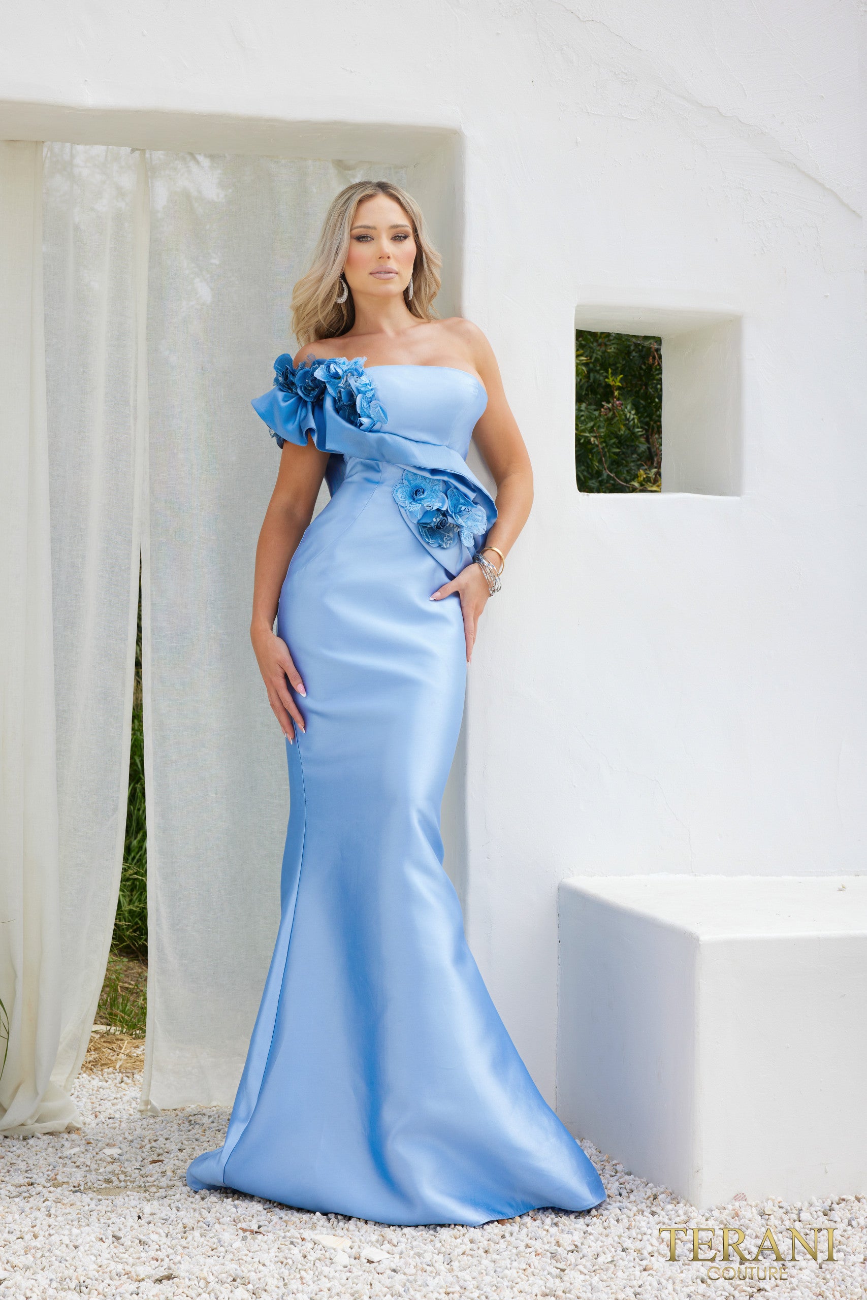 Terani Couture Asymmetric One Shoulder Evening Gown 2011E2424 - The Dress Outlet Denim Blue