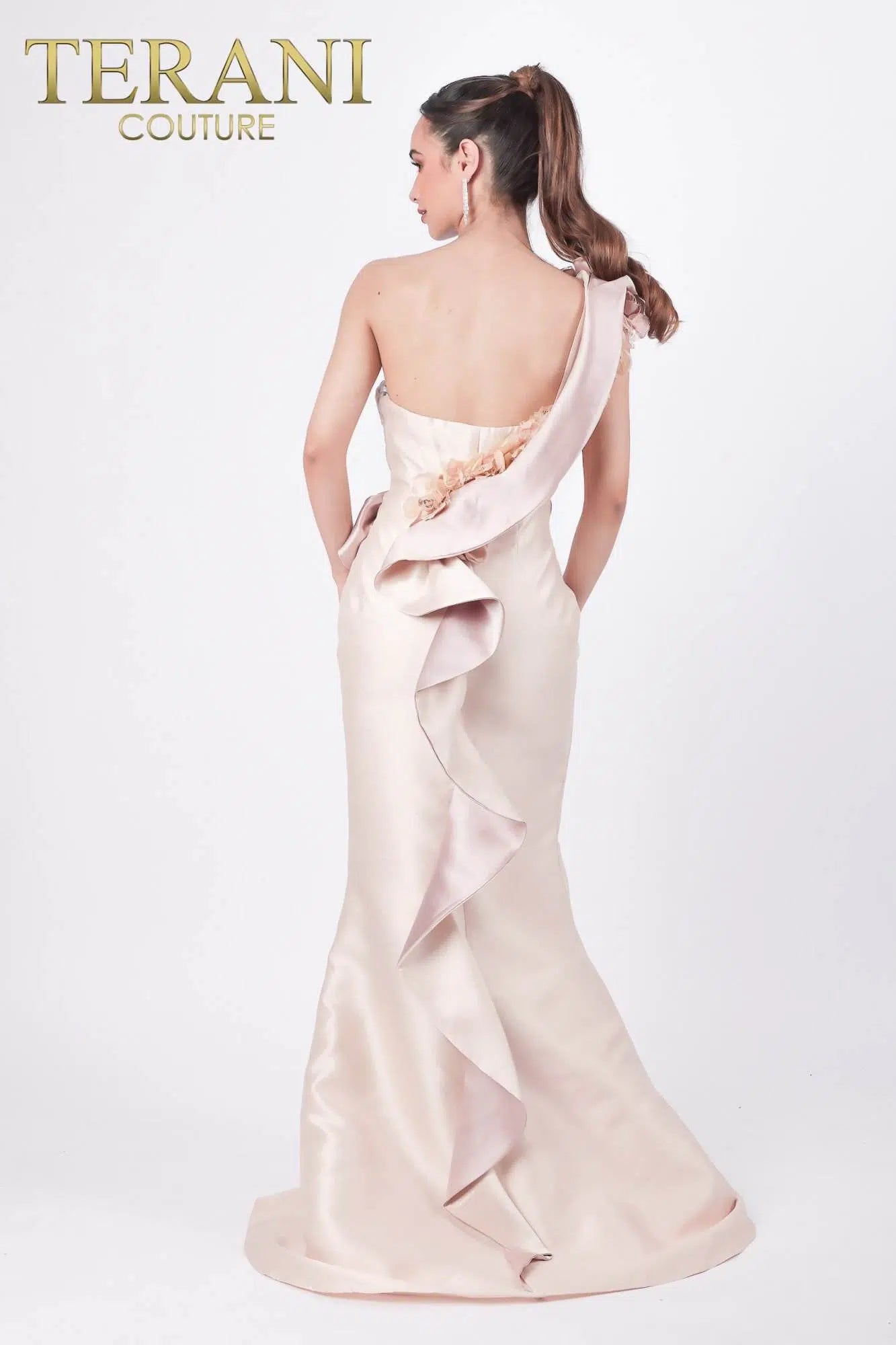 Terani Couture Asymmetric One Shoulder Evening Gown 2011E2424 - The Dress Outlet Champagne