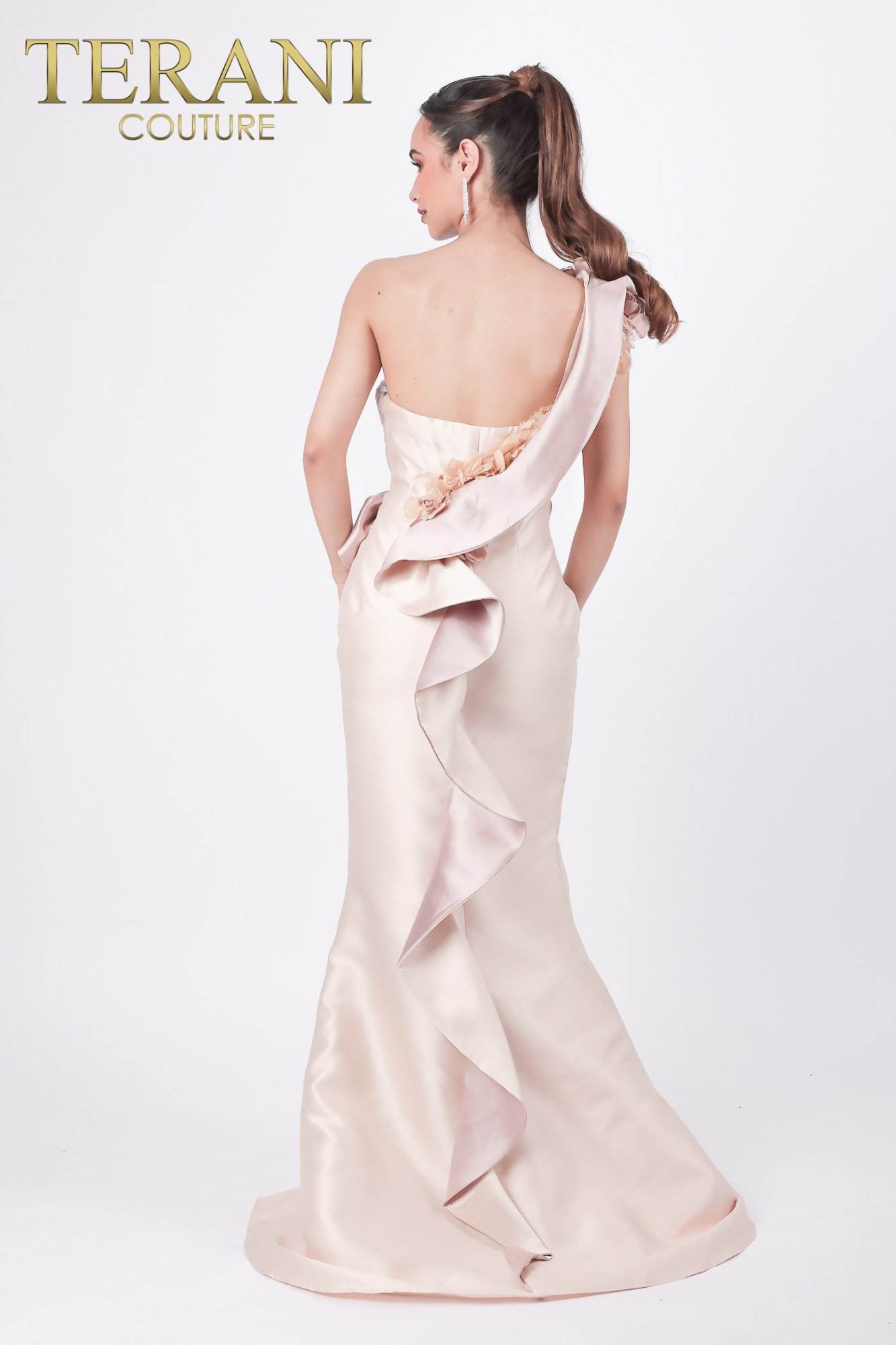 Terani Couture Asymmetric One Shoulder Evening Gown 2011E2424 - The Dress Outlet Champagne