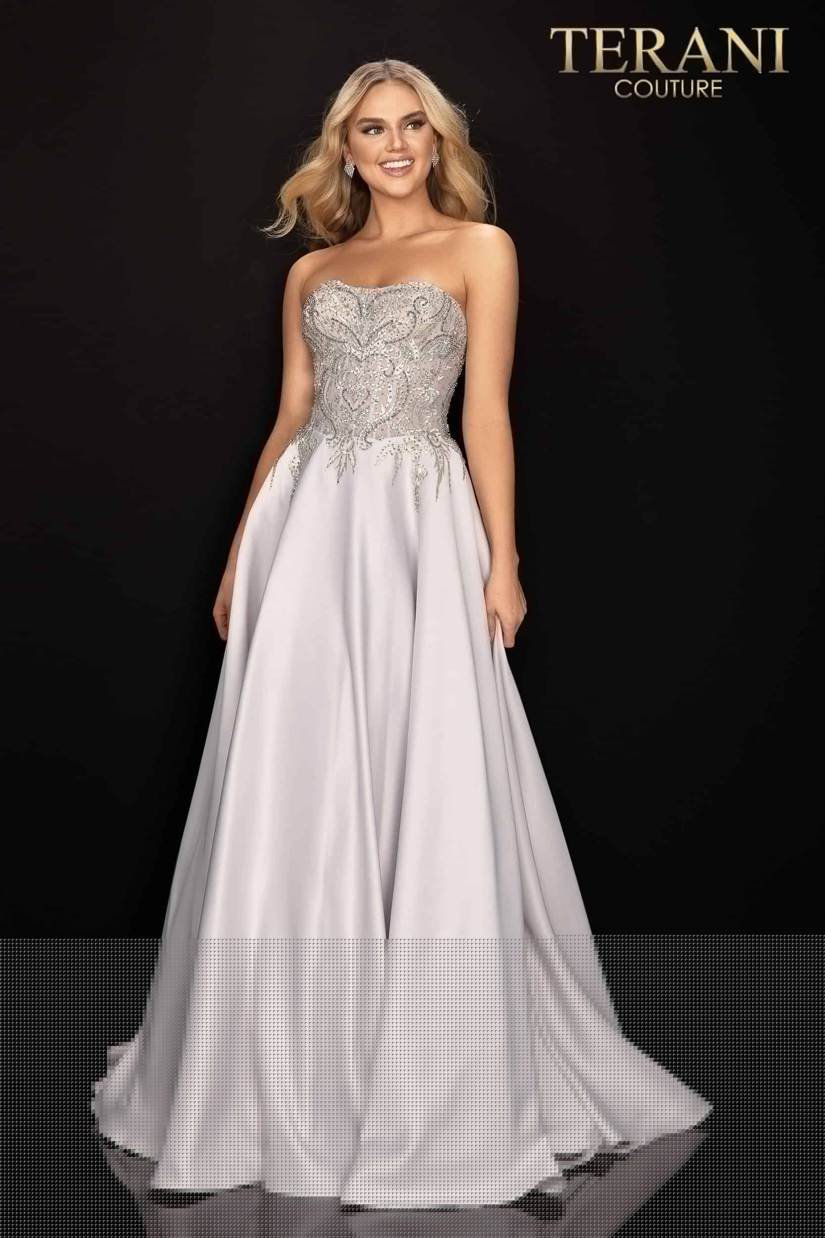Terani Couture Long Strapless Prom Dress 2011P1197 - The Dress Outlet Silver Ivory