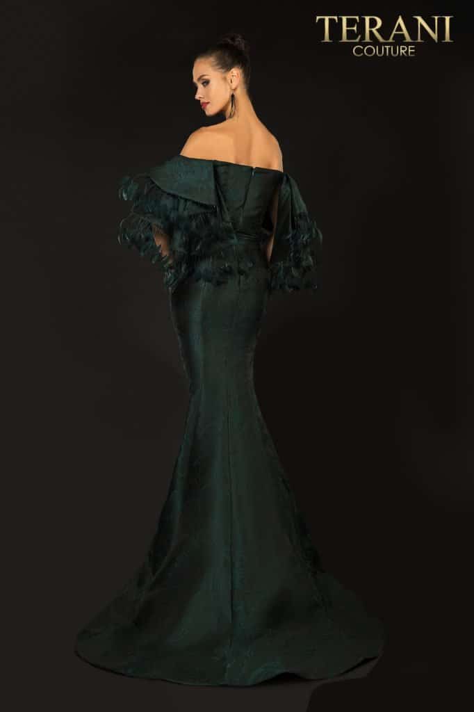 Terani Couture Off Shoulder Feather Trim Evening Gown 2021E2796 - The Dress Outlet
