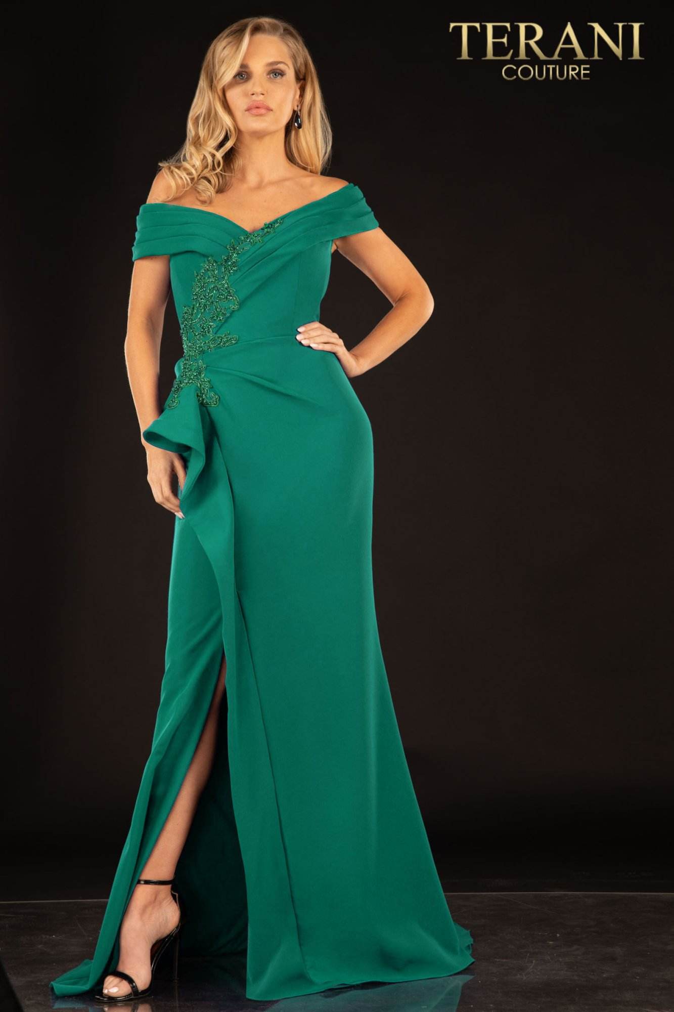 Terani Couture Off Shoulder Formal Long Dress 2021M2986 - The Dress Outlet Emerald