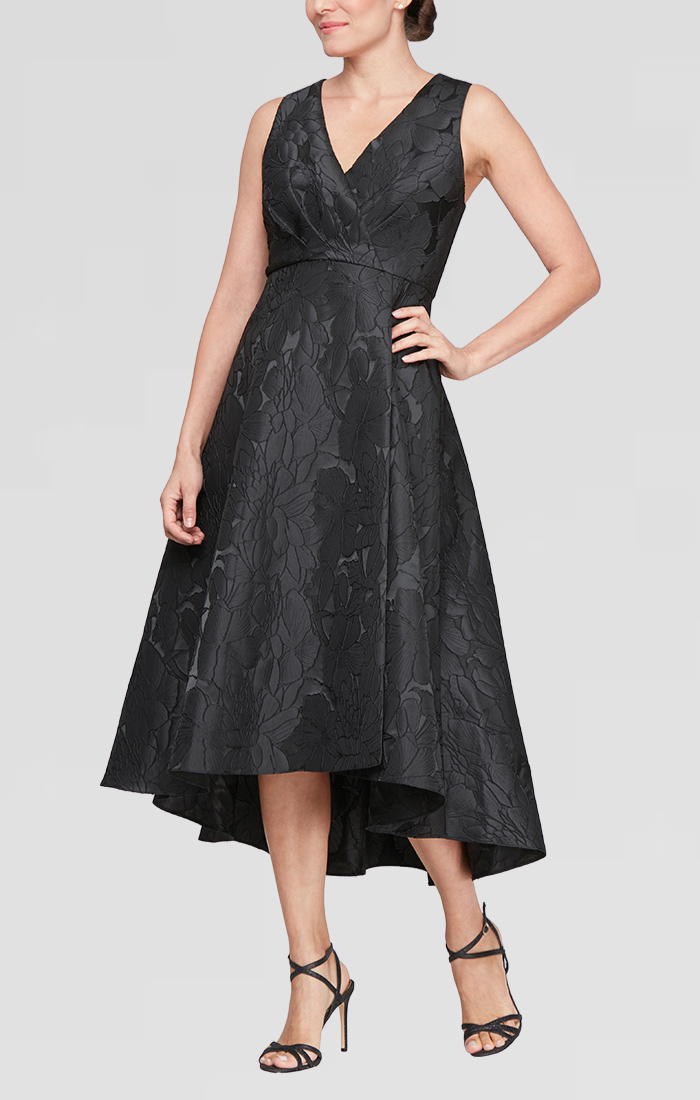 SL Fashions 9281160 Pleated High Low Petite Cocktail Dress BLACK 4P