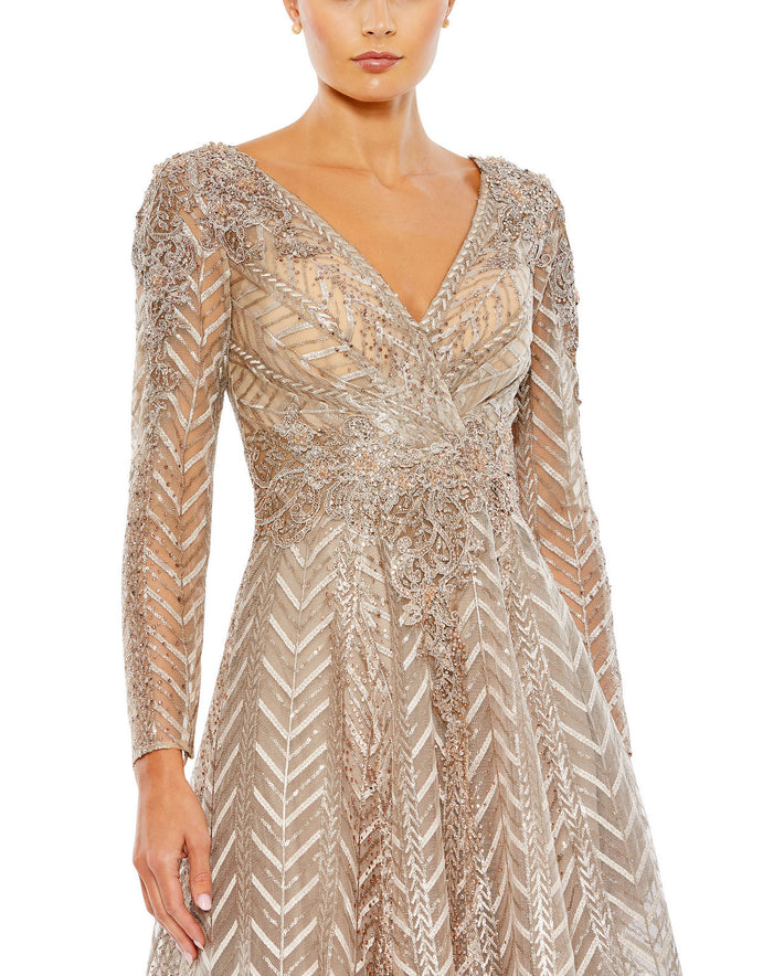 Cocktail Dresses Short Beaded Long Sleeve Cocktail Midi Dress Taupe