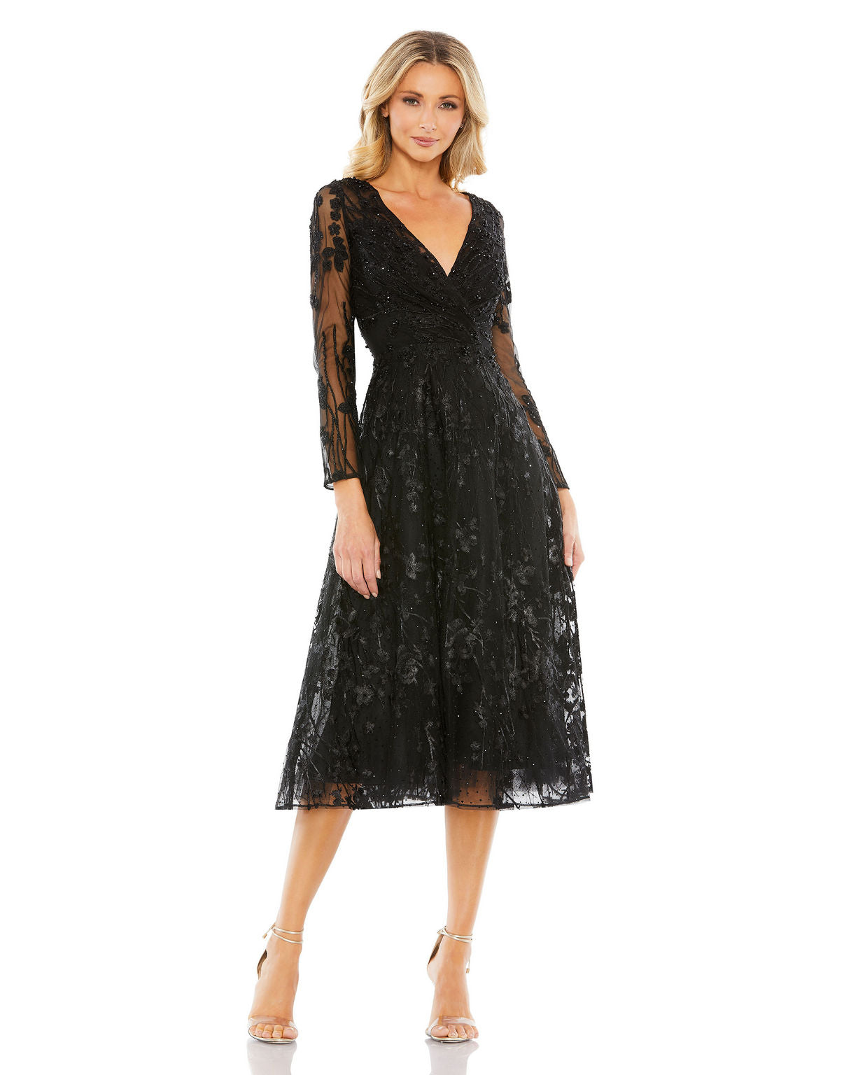 Black Mac Duggal 204041 Long Sleeve Cocktail Floral Beaded Midi Dress