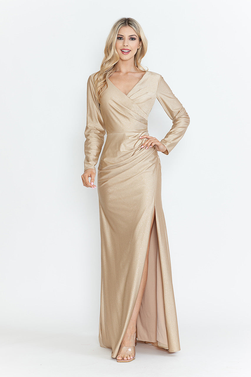 Mother of the Bride Dresses Long Sleeve Mother of the Bride Long Formal Glitter Dress Lenovia 5323 Champagne Gold
