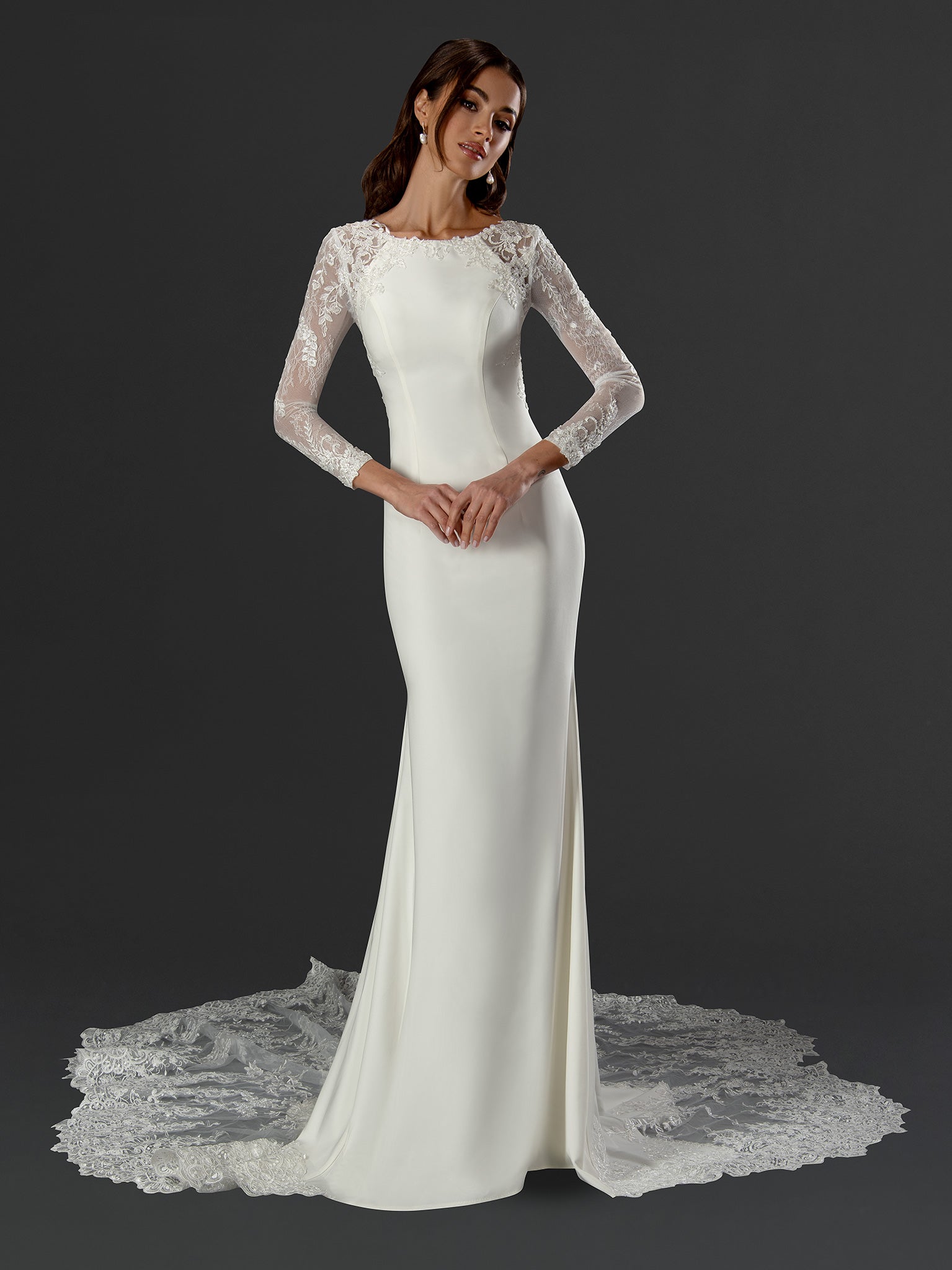 Wedding Dresses Fitted Long Lace Wedding Dress Off White