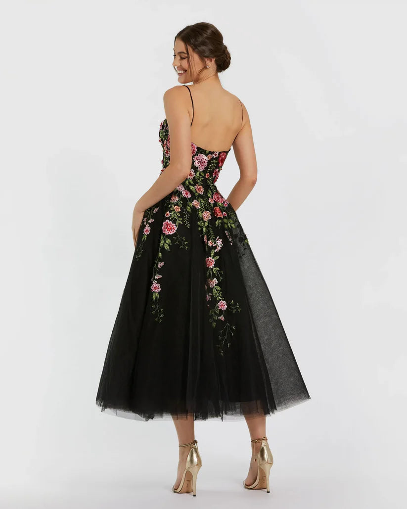 Formal Dresses Floral Lace Formal Tea Length Dress Black