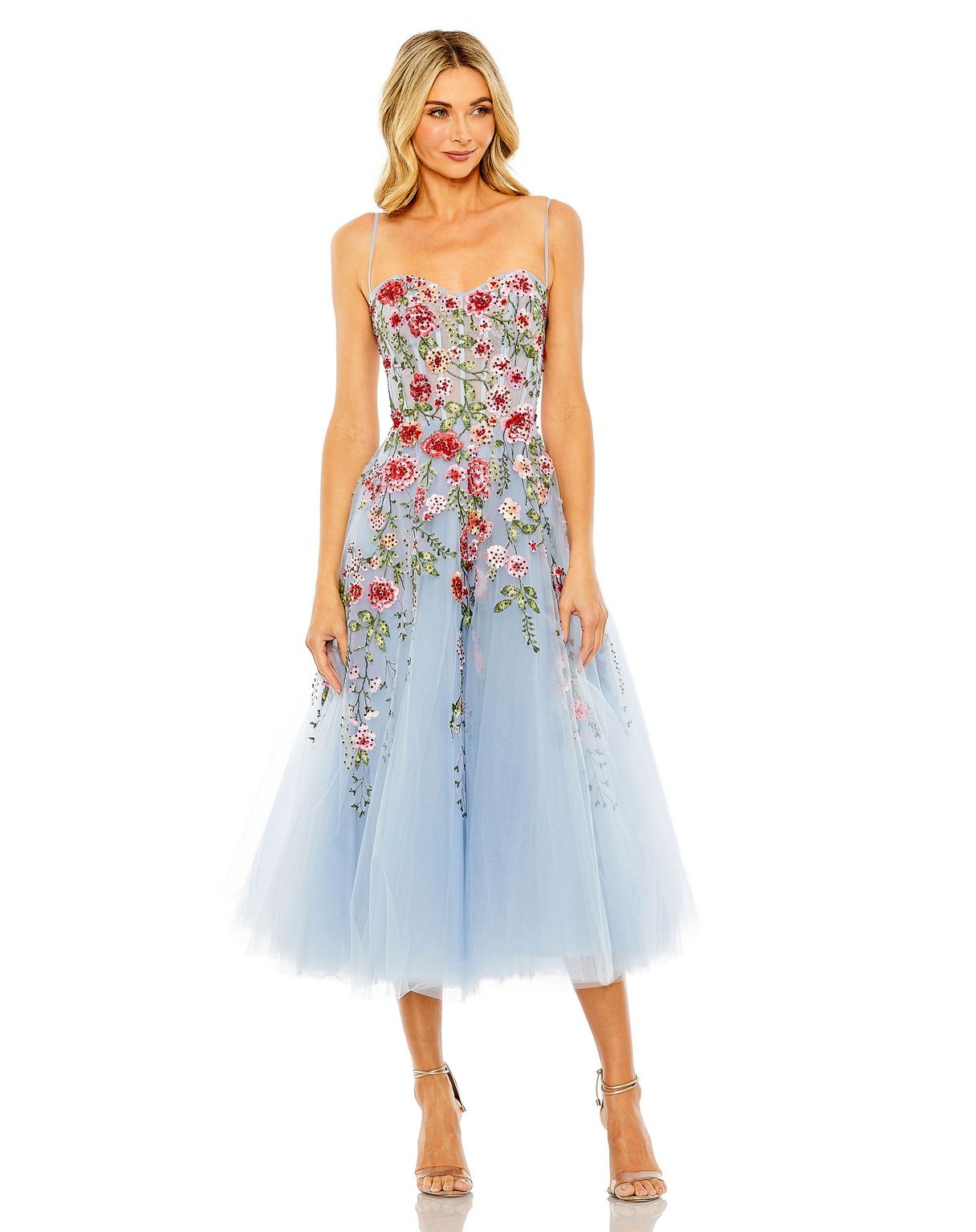 Powder Blue Mac Duggal 20651 Floral Lace Cocktail Tea Length Dress