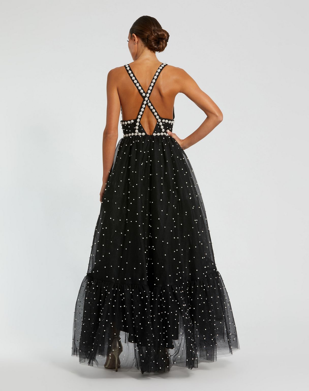 Prom Dresses Pearl Beaded Formal Prom High Low Dress Black Ivory
