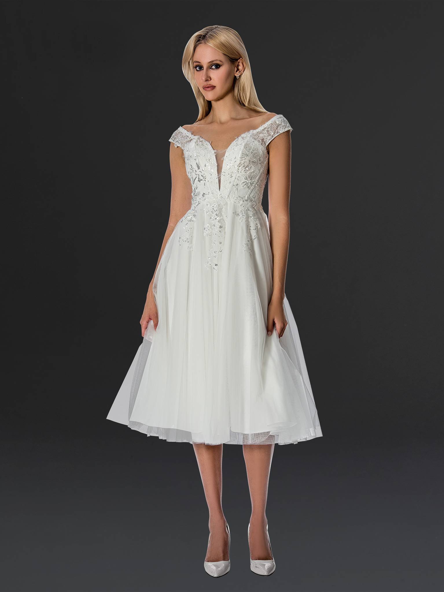 Wedding Dresses Bridal Short A Line Wedding Dress - Lace Beaded - Stella Couture 24905 Off White-Lace-24905-Beaded
