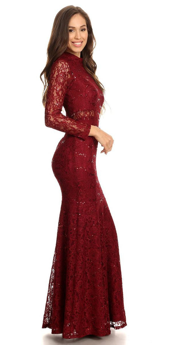 Formal Dresses Long Sleeve Lace Fitted Sequin Formal Dress Eureka Fashion 2095 Burgundy