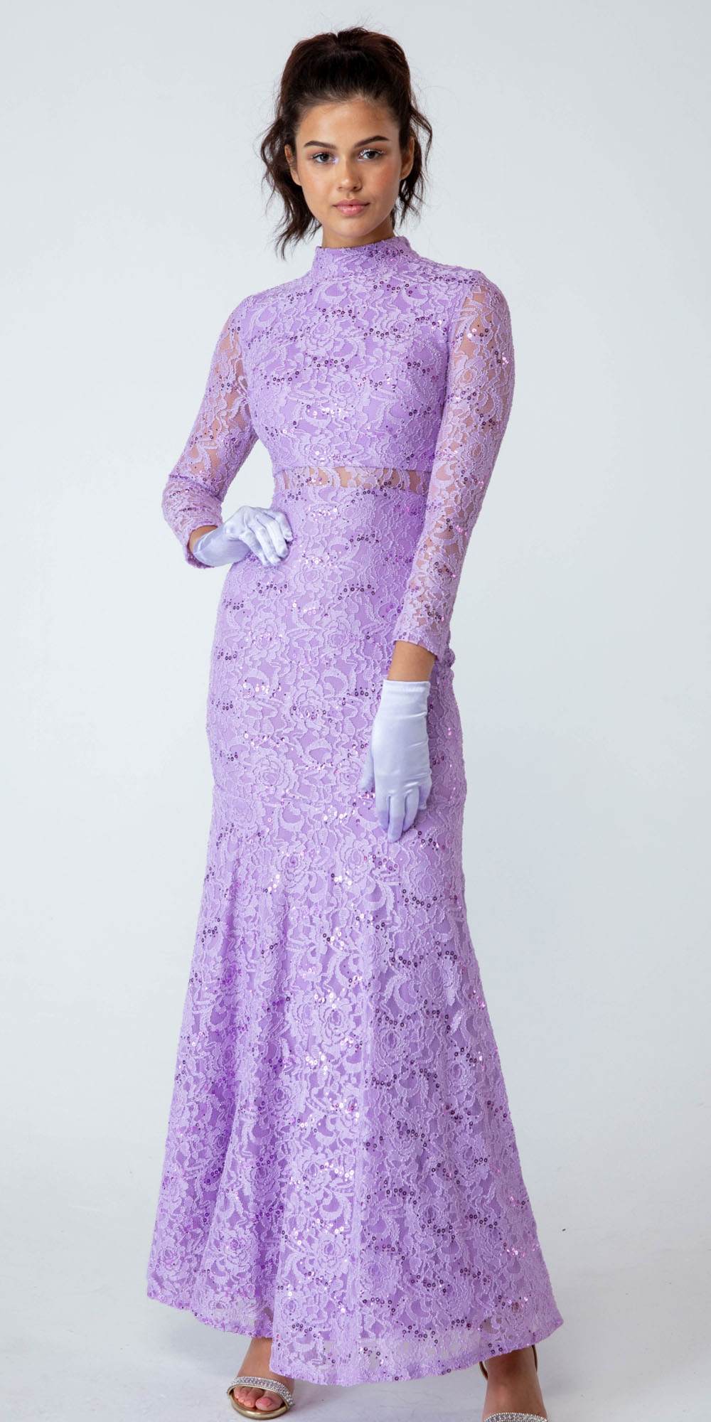 Formal Dresses Long Sleeve Lace Fitted Sequin Formal Dress Eureka Fashion 2095 Lilac