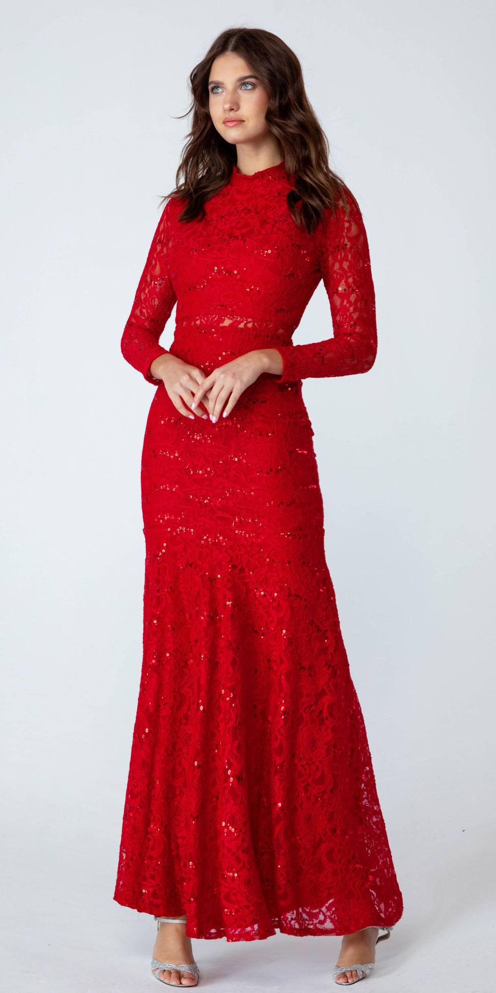 Formal Dresses Long Sleeve Lace Fitted Sequin Formal Dress Eureka Fashion 2095 Red