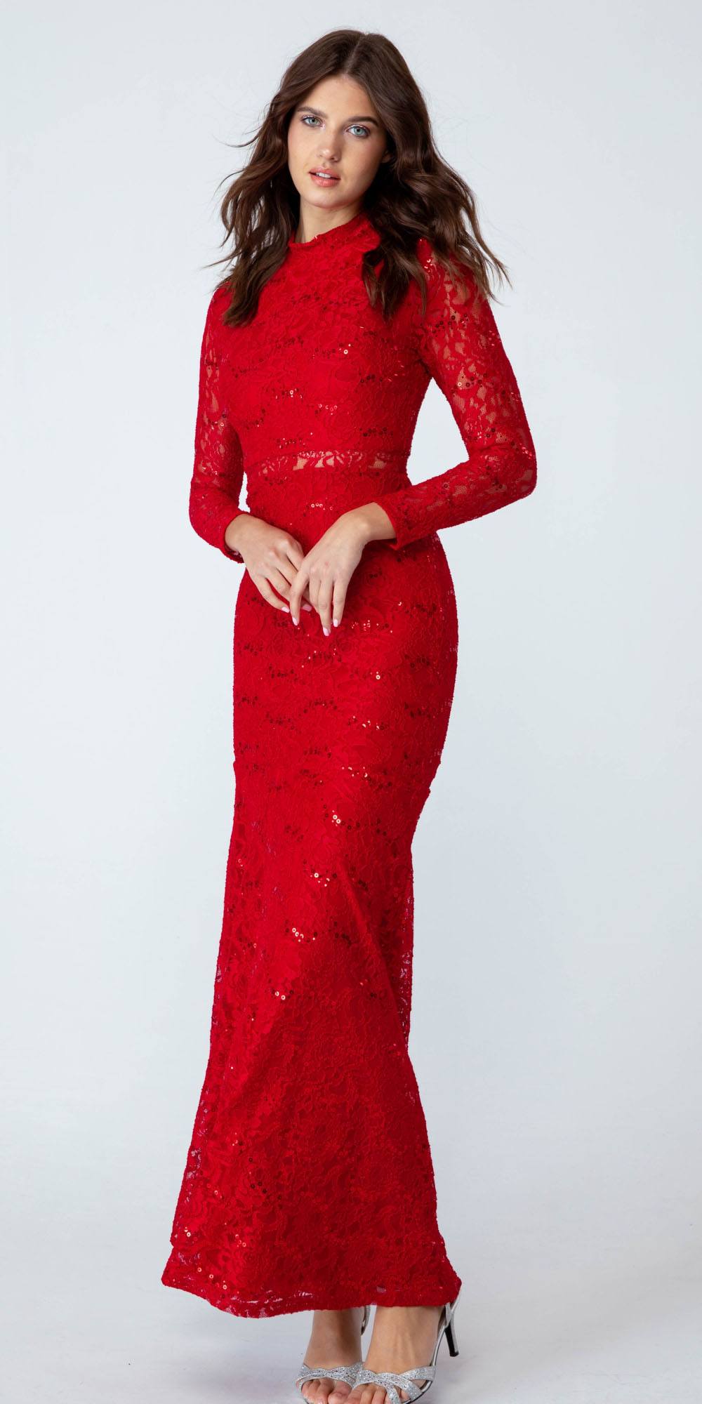 Formal Dresses Long Sleeve Lace Fitted Sequin Formal Dress Eureka Fashion 2095 Red