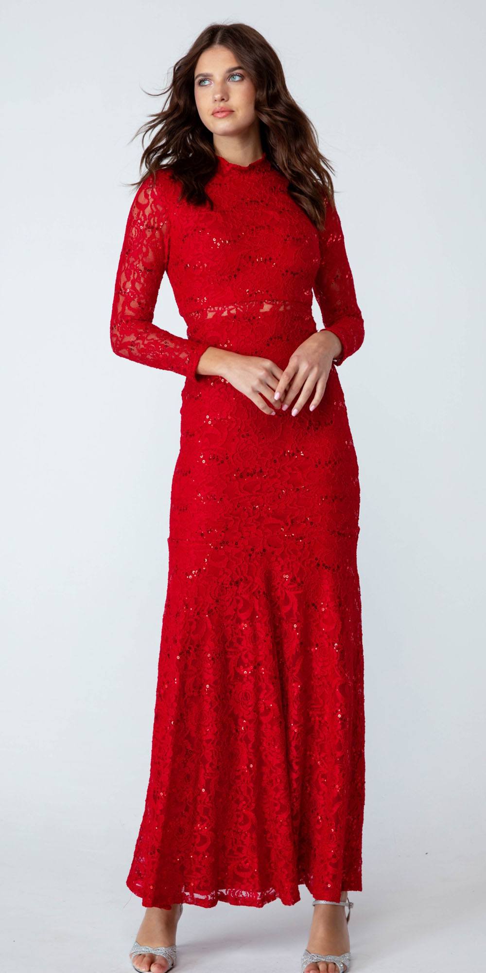 Formal Dresses Long Sleeve Lace Fitted Sequin Formal Dress Eureka Fashion 2095 Red