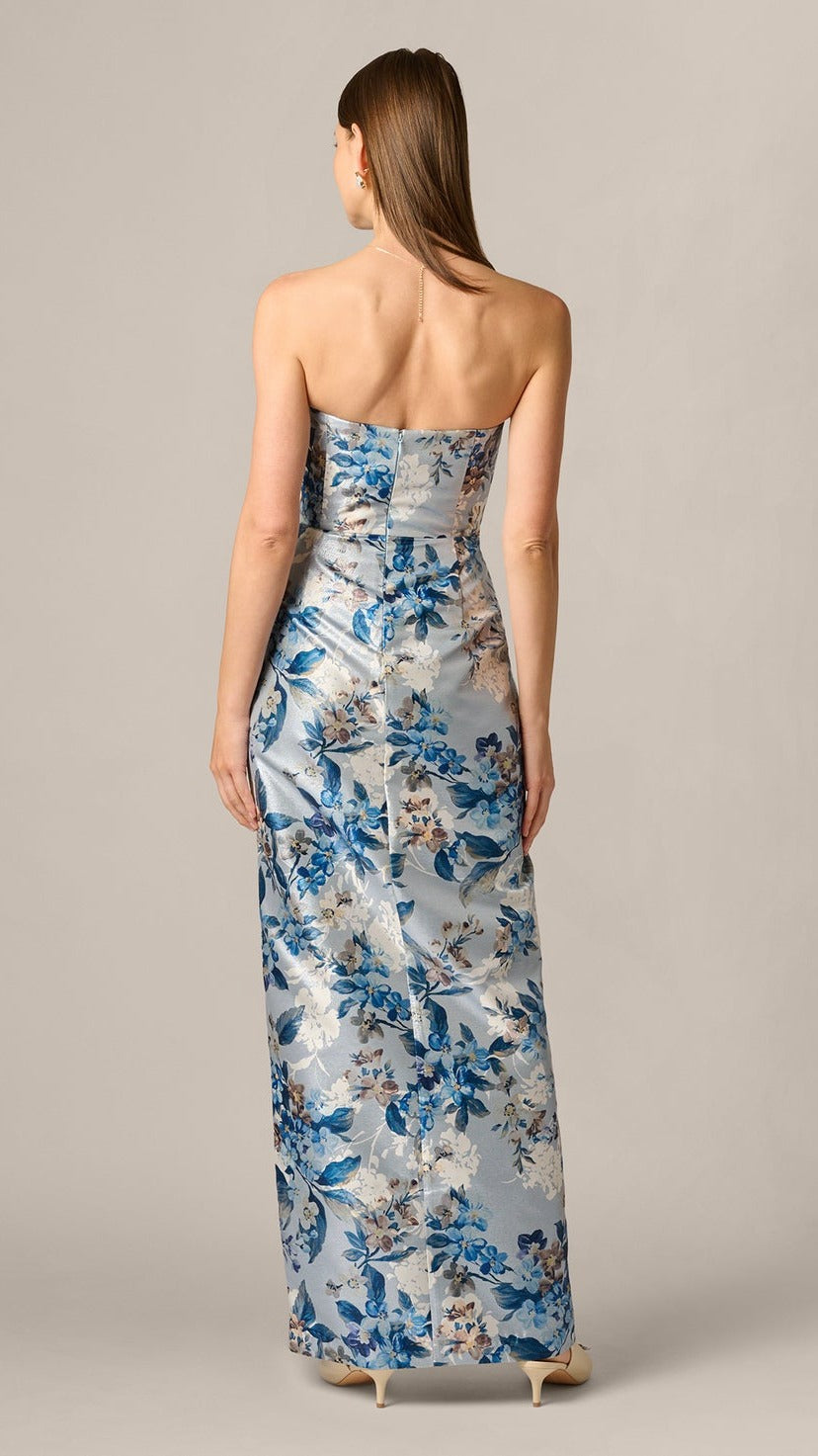 Aidan Mattox Strapless Pleated Floral Jacquard Wrap Gown 209842