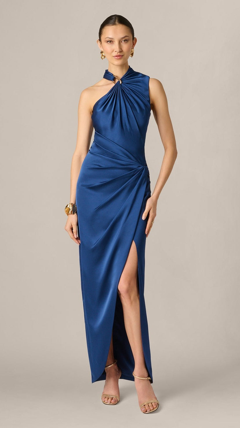 Aidan Mattox Satin Asymmetrical Draped Hardware Halter Gown 209919